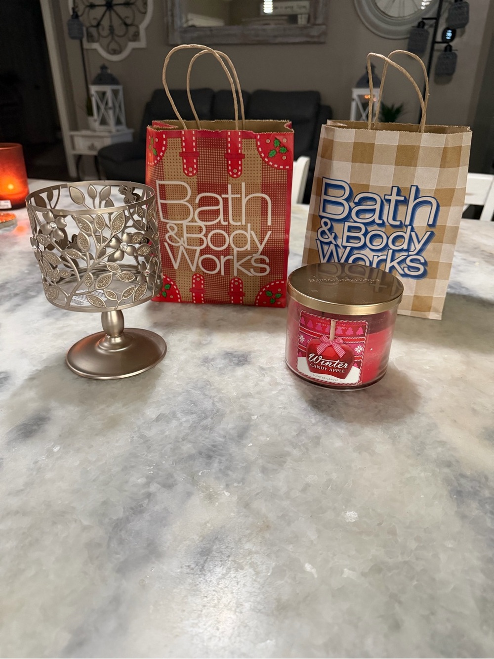 Bath & Body Works SET. Winter Candy Apple 3-Wick Candle and BBW candleholder